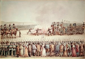 Engelske varer blev brudt efter ordre fra Napoleon I Bonaparte under den kontinentale blokade i 1806. I det første imperium er Continental Blockade navnet på Napoleons politik om at ødelægge Storbritannien ved at forhindre det i at handle med r. af Unknown artist