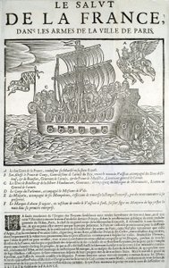 Graveret træ. Mazarinade politiske pamflet: "" Frelsen af Frankrig, i armene på byen Paris"" A - Frankrigs gode geni, der fortærer hans majestæt (Louis XIII) i sin kongelige flåde, B - Prince de Conty, C - Duc de Bouillon et de la Motte-Hauda af Unknown artist