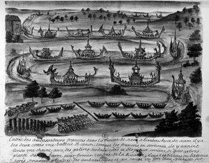 De franske ambassadørers indtog i Siam-floden - i "" Voyages du kingdom de Siam, historique de 1688"". af Unknown artist