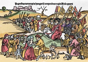 Tartarernes indtog i Ungarn under Bela IV (1235-1270) af Ungarn. Indgravering fra "Chronica Hungariae". Biblioteca Marciana, Venedig. af Unknown artist