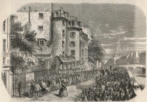 Indgang til politipræfekturet ved rue de Jerusalem på hjørnet af Quai des Orfevres i Paris i det 19. århundrede før 1871 - Indgravering i "Tableau-de-Paris" af Edmond Texier 1852. af Unknown artist