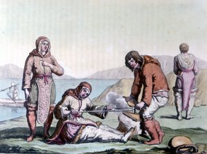 Eskimoer tænder bål ved at gnide træstykker. af Unknown artist