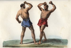 Etruskiske boksere - gravering fra "" Skikke og traditioner for alle folk i universet. Det vil sige historien om regeringen, lovene, militsen, om alle nationers religion fra de fjerneste tider til i dag "1856 af Unknown artist