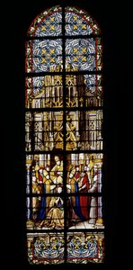 Eugene III, tidligere munk af Claivaux, klatrer op til pontifikatets trone den 15. februar 1145. Glasmaleri ved Cathedrale de Tournai: Tværarm til venstre (2). af Unknown artist