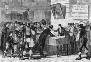 Begivenheder i Spanien i 1885: offentligt abonnement på Madrid for køb af slaver fra Cuba og Puerto Rico. af Unknown artist