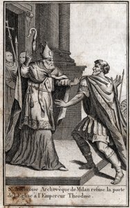 Ekskommunikation: Buen af Skt. Ambrosius af Milano (Aurelius Ambrosius, Ambrogio di Milano (340-397) nægter kirkedøren til den romerske kejser Theodosius I (Flavius Theodosius) (347-395) for at straffe ham for massakren i Thessaloniki i 390. Indgravering af Unknown artist