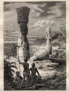 Ekspedition jorden rundt (1785-1788) af Jean Francois Galaup de La Perouse (1741-1788): indfødte på Påskeøen ser på monumentale statuer (Moai) - illustration taget fra "The Great Mariners of the 18th century"" af Unknown artist