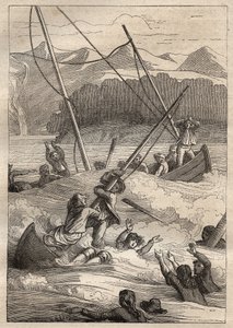 Ekspedition rundt om i verden (1785-1788) af Jean Francois Galaup de La Perouse (1741-1788): Forlis af bådene i havnen i den franske (Alaska) - illustration taget fra "The Great Mariners of the 18th century" af Unknown artist