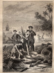 Ekspedition af Jean Francois de Survillle (1717-1770) i Sydhavet (1769-1770): sømændene i Surville samler våben fra de oprindelige folk, der døde under slaget (Ny Irland, Papua Ny Guinee) - illustration taget fra " De store søfolk af Unknown artist