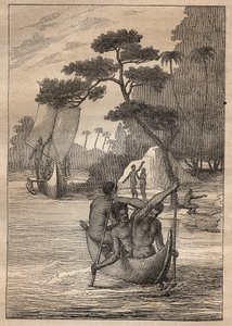 Ekspedition af Nicolas Thomas Marion-Dufresne (Marion Dufresne) (1729-1772): kanoer fra øerne Admiraut (Bismarck Archipelago, Papua Ny Guinea) - illustration taget fra "" The Great Mariners of the 18th century""" af Unknown artist