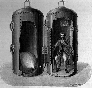 Erfaring med barometrisk tryk af fysiologen Paul Bert (1833-1886): indånding af suroxygen luft, udvides ved faldende tryk. Indgravering i "" La Nature: revue des sciences et de leurs applications aux arts et a l
