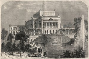 Udvendigt billede af det nye teater i Leipzig, Tyskland. Gravering i "" L