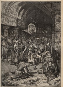 Berømte diamanter: Lahores maharajah, Ranjit Singh (1780-1839), overtager Koh-i Nor-diamanten (Koh i Nor, Kuh-e Nur, Kuh e Nur, Koh-i-noor, Koh i Noor). Indgravering fra 1885 i "" Les arts et metiers illustres"" af Adolphe BITARD. af Unknown artist