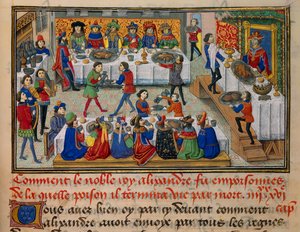 Festmåltidsscene, serveret for kong Alexander og hans hoffolk i de sidste dage af hans liv. Miniature taget fra "La Vraye Histoire du Bon Roy Alixandre"" af Callisthenes, eller Kallisthenes (ca. 360-328 f.Kr.) af Unknown artist