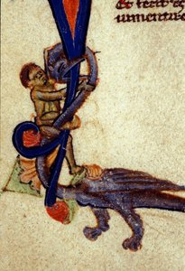 Kamp mellem en drage og en mand Detalje af en miniature fra det 14. århundrede af Unknown artist