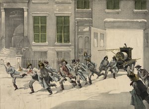 Brandfolk afgår nødopkald på brandstedet, akvarel af 1895. USA af Unknown artist