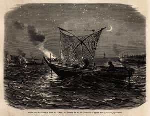 Ildfiskeri i Yedo Bay (eller Edo, nutidens Tokyo), i løbet af natten bærer hver båd en slags grill ved forlygterne, lyset tiltrækker fisk, der fanges med et stort net. Gravering til illustration af Japan, rejsehistorie af Aime Humbert, minister for af Unknown artist