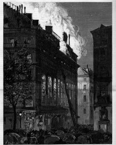 Brand fra Opera Comique (Opera-Comique) i Paris set fra Rue Marivaux og Boulevard des Italians den 26. maj 1887. Indgravering i "" Le monde illustrious"" af Unknown artist