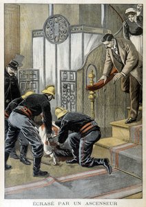 Brandmænd, der redder en mand, styrter ned ved en elevator i en parisisk bygning. Illustration af "Lille Journal" fra 1899. af Unknown artist