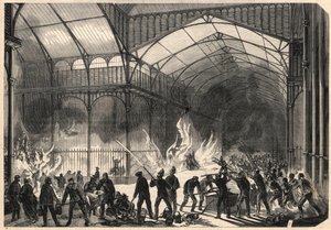 Brandmænd forsøger at stoppe branden i Central Halles i Paris, 10. juli af Unknown artist