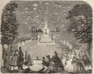 Fyrværkeri og belysning af slottet Maison Laffitte (House-Laffitte) om aftenen for landbrugsudvalgets konkurrence. Stik i “Le Monde illustrious”” fra 1857. Privat samling. af Unknown artist