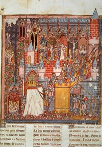 Første korstog: belejringen og erobringen af Jerusalem ved overgangene ledet af Godefroy de Bouillon (1058-1100) i 1099. Miniature fra "Chronicles d