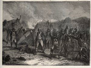 Første koalition: Oberst Antoine Guillaume (Antoine-Guillaume) Rampon (1759-1842) ved slaget ved Montenotte den 12. april 1796, under det italienske felttog mod Napoleon Bonapartes franske tropper mod de østrigske og sardiske arméer - fransk af Unknown artist