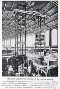 Første elevator bygget af Léon Edoux på universaludstillingen i 1867 af Unknown artist