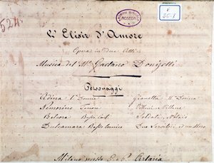 Første side med noder til The elixir of love, opera af Gaetano Donizetti af Unknown artist