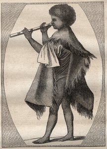 Første rejse (1768-1771) af kaptajn James Cook (1728-1779): Tahitiansk fløjtespiller - illustration taget fra "" The Great Mariners of the 18th century"" af Unknown artist