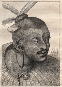 Første rejse (1768-1771) af kaptajn James Cook (1728-1779): tatoveret hoved af en Neo-Zelandais (Neo Zelandais) - illustration taget fra "The Great Mariners of the 18th century"" af Unknown artist