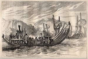 Kaptajn James Cooks (1728-1779) første rejse (1768-1771): Tahiti-flåden samlet i Oparee - illustration taget fra "The Great Mariners of the 18th century"" af Unknown artist