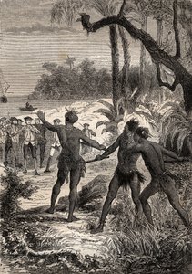 Første rejse (1768-1771) af kaptajn James Cook (1728-1779): mens Cook og ti sømænd sejler på Meridionalkysten af New Guinee, rejste tre indianere sig ud af skoven med store skrig - illustration taget fra "The Great Mariners of det 18. århundrede"" af Unknown artist