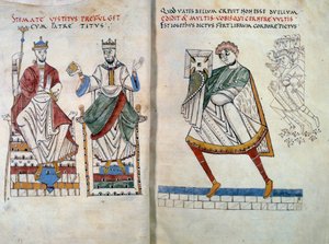 Flavius Josephe (oprindeligt Yossef ben Matityahu, græsktalende jødisk historiker (37-100) tilbyder sin bog til kejserne Titus og Vespasian. Miniature taget fra "" De Bello Judaico (Jødernes krig) "" (folio 2 og 3) af Unknown artist