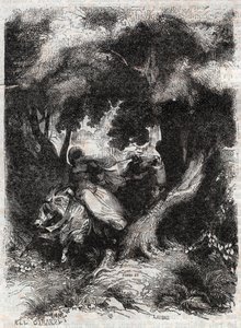 Flight of Angelica (Angelica) under slaget - indgravering af 1851 fra "" Furious Roland"" (Orlando furioso) (1500-tallet) af Ludovico Ariosto, kendt som Ariosta - Udgave oversat fra italiensk af greven af Tressan og udgivet af Gustave Harva af Unknown artist