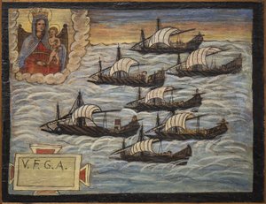 Tidligere voto (ex voto) sømand, populært tilbud som løfte om hengivenhed og taknemmelighed fra sømanden, der overlever til farerne ved havet, der kommer fra kirken af den hellige jomfru af buen i Napoli (Madonna dell