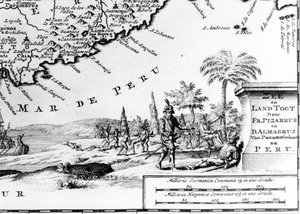 Francisco Pizarro (i fr. Francois Pizarre) repræsenteret på et kort over Peru. 17. århundrede. af Unknown artist