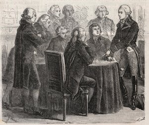 Fransk Revolution: Grev Louis Marie de Narbonne-Lara (Narbonne Lara) (1755-1813) viser sine planer i forsamlingens udvalg - Indgravering i "" Den Illustrerende Verden"" af Unknown artist
