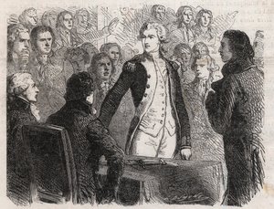 Den franske revolution: General Gilbert du Motier de La Fayette (1757-1834) fratræder kommandoen for nationalgarden - gravering i "" Le Monde Illustré"" af Unknown artist