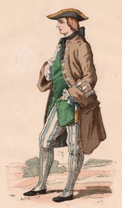 Fransk herre i jagtdragt, iført frakke, vest og trekløverhat med en dolk i siden i det XVIII århundrede (farvestik) af Unknown