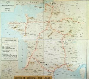 Fransk geografisk kort, der viser lufttelegrafiske linjer. Begyndelsen af det 19. århundrede. Paris, Musee de la Poste af Unknown artist
