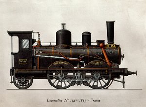 Fransk tog: Lokomotiv Numero 154 af 1855. Indgravering. Paris, dekorativ kunst af Unknown artist