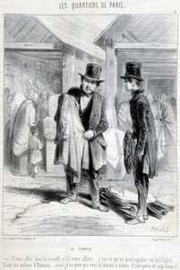 Fripier fra tempeldistriktet i Paris forsøger at sælge tøj til en mand. Indgravering af det 19. århundrede. af Unknown artist