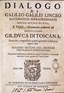 Frontispice af "" Dialog om de to store systemer i verden"" (dialogo sopra i due massimi sistemi del mondo) bestilt af pave Urban VIII til astronomen og fysikeren Galileo Galilei dit Galilee (1564-1642) omkring 1620 og udgivet i 1632 . Det af Unknown artist