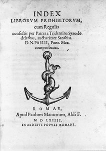 Frontispice of Index Librorum Prohibitorum (Index of Prohibited Books eller Index Exurgatorius) udgivet i Rom i 1564. Han opregner bøger, som romersk-katolikker ikke måtte læse. af Unknown artist