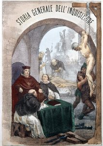 Frontispice of the General History of the Inquisition af Pietro Tamburini med en illustration, der viser scener med symbolsk inkvisition. Milano 1850. af Unknown artist