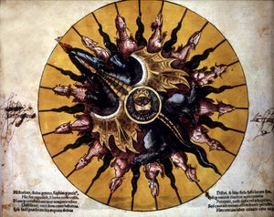 Frontispice repræsenterer en sol - i "Astronomicum Caesarium", afhandling om astronomi om teorien om Ptolemeus, af P. Apiano. af Unknown artist