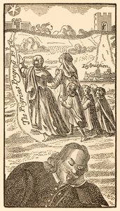 Frontispice fra anden del af The Pilgrims Progress From This World, To That What Is To Come af John Bunyan (1628-1688), der viser forfatteren drømme om Christians familie, hans kone Christiana og af Unknown