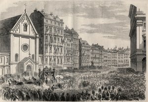 Begravelse af kejser Maximilian I af Mexico (1832-1867): Ankomst af begravelseskortegget foran Kapucinerkirken i Wien. Gravering i "" L
