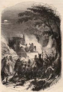 Begravelse af en høvding Germain i antikken: hans krop er brændt med hans våben og hans hest. Indgravering fra 1868 i "Histoire de Belgique fra primitiv tid til slutningen af Leopold I
